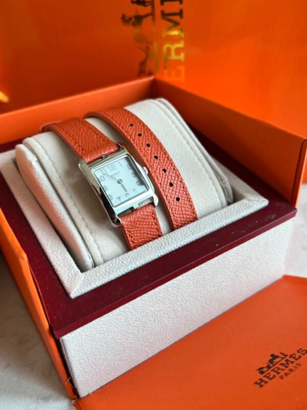 Hermès H Watch Rose Azalée Croc Swift Double Tour Quartz – Stainless Steel with White Dial - Image 5