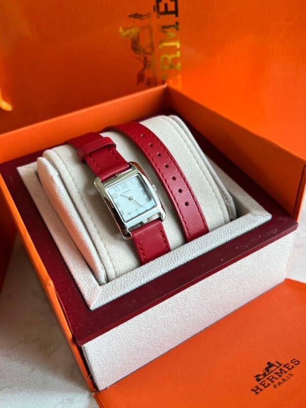 Hermès H Watch Rose Azalée Croc Swift Double Tour Quartz – Stainless Steel with White Dial - Image 3